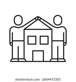 housing concept, two man joining hands in air icon guarding house, linear, vector illustration