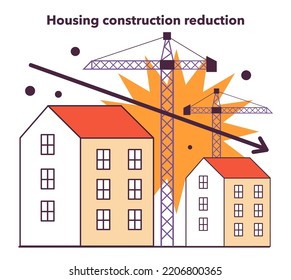 Housing Construction Reduction As A Recession Indicator. Estate Market Collapse. Significant, Widespread, And Prolonged Economic Slow Down Or Stagnation. Flat Vector Illustration