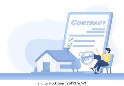 Housing contract and legal binding document concept. Business people managing contracts through digital devices online. Buy, sell, rent, borrow real estate contracts. Flat vector design illustration.