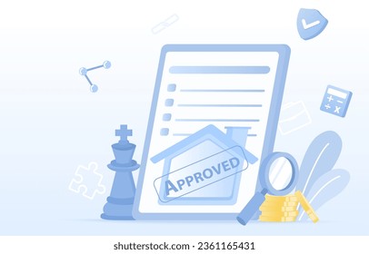 Housing contract and legal binding document concept. Online contract, checklist, terms, condition, policy list, legal agreement to buy a house. Flat vector design illustration.