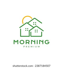 housing cottage village sunrise morning minimalist style clean simple line logo design vector icon illustration