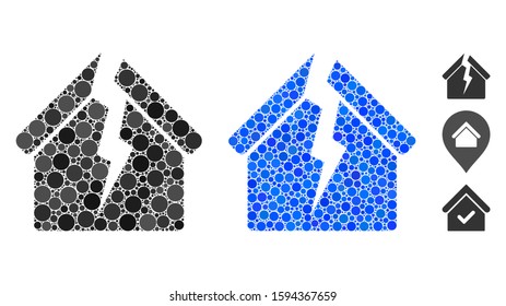Housing crisis composition of round dots in various sizes and color tints, based on housing crisis icon. Vector round dots are combined into blue illustration.