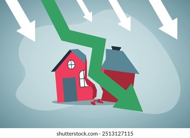 Housing Crisis, Low prices. Graph, Residential Building, Built Structure, Chart, Home Finances, Recession, Arrow, Real estate. The housing market is falling.