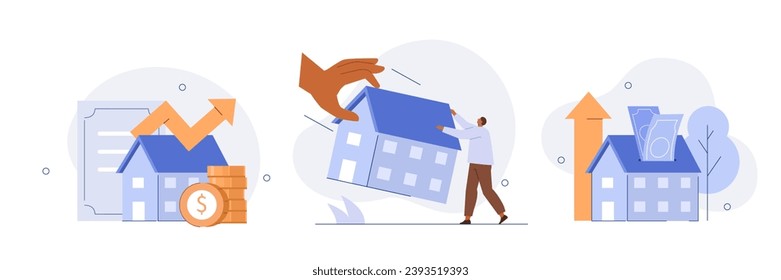 Housing crisis, property prices rising. Character not able to pay bank mortgage, rent, lease and lose home. Real estate market crash concept. Vector illustration isolated on white background  