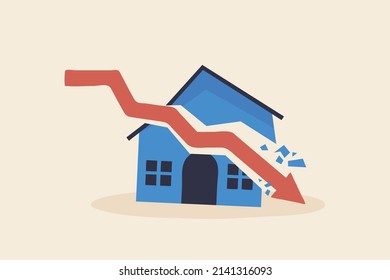 Housing crisis, Real estate debt or property prices drop.  The concept of low cost real estate. 
Arrow graph hitting the house.