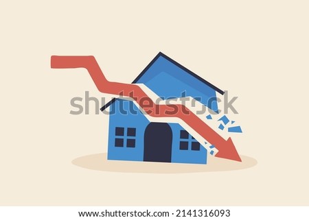 Housing crisis, Real estate debt or property prices drop.  The concept of low cost real estate. 
Arrow graph hitting the house.