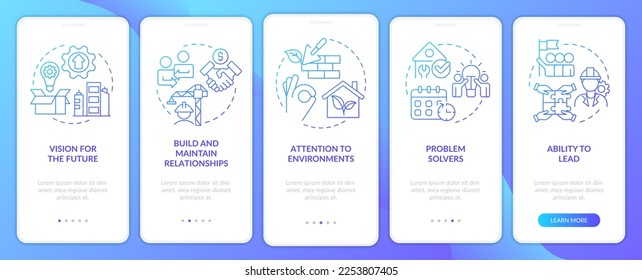 Housing developer characteristics blue gradient onboarding mobile app screen. Walkthrough 5 steps graphic instructions with linear concepts. UI, UX, GUI template. Myriad Pro-Bold, Regular fonts used
