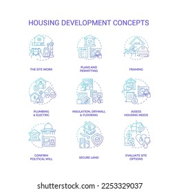 Housing development blue gradient concept icons set. Building construction processes idea thin line color illustrations. Isolated symbols. Roboto-Medium, Myriad Pro-Bold fonts used