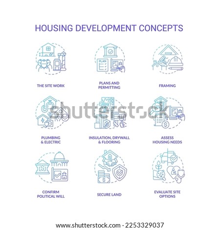 Housing development blue gradient concept icons set. Building construction processes idea thin line color illustrations. Isolated symbols. Roboto-Medium, Myriad Pro-Bold fonts used