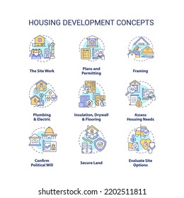 Housing development concept icons set. Building construction processes idea thin line color illustrations. Isolated symbols. Editable stroke. Roboto-Medium, Myriad Pro-Bold fonts used