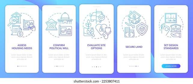 Housing development tips blue gradient onboarding mobile app screen. Project walkthrough 5 steps graphic instructions with linear concepts. UI, UX, GUI template. Myriad Pro-Bold, Regular fonts used