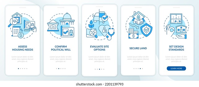 Housing development tips blue onboarding mobile app screen. Project walkthrough 5 steps editable graphic instructions with linear concepts. UI, UX, GUI template. Myriad Pro-Bold, Regular fonts used