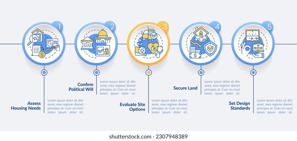 Housing development tips circle infographic template. Project. Data visualization with 5 steps. Editable timeline info chart. Workflow layout with line icons. Lato-Bold, Regular fonts used