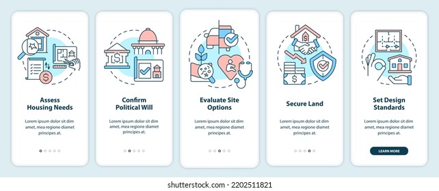 Housing development tips onboarding mobile app screen. Project walkthrough 5 steps editable graphic instructions with linear concepts. UI, UX, GUI template. Myriad Pro-Bold, Regular fonts used