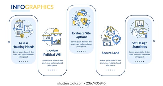 Housing development tips rectangle infographic template. Building project. Data visualization with 5 steps. Editable timeline info chart. Workflow layout with line icons. Lato-Bold, Regular fonts used