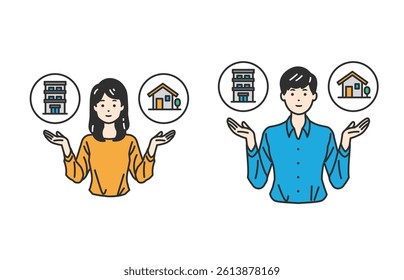 Housing Dilemma – Apartment vs. House. A simple illustration of people comparing apartments and houses. Perfect for real estate, home buying, and lifestyle decisions. Versatile for ads and websites.