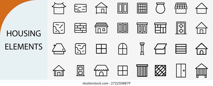 “Conjunto de iconos de líneas finas de Elementos de vivienda tradicionales y arquitectura rural”