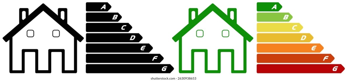 Sistema de certificação da classificação da eficiência energética da habitação. Conceito de classe de energia com barra de casa e consumo. Elemento gráfico do sistema de certificação. Eco-chart
