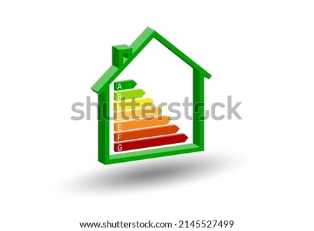 Housing energy efficiency rating certification system. Energy class concept with house and consumption bar. Isometric view for label. Graphic certification system element on dark background. Eco chart