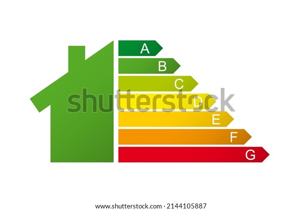 Housing energy efficiency rating\
certification system. Energy class concept with house and\
consumption bar. Graphic certification system element. Eco\
chart