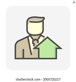 Housing estate and agent or realtors vector icon. Include home or house building. That people is specialize in real estate, property, law i.e. development, owned, sale, rent, buy, investment. 64x64 px