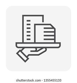 Housing estate or condominium and agent or realtor vector icon. That high building and people specialize in real estate, property, law to development, owned, sale, rent, buy, investment. 64x64 pixel.