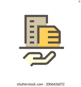 Housing estate or condominium and agent or realtor vector icon. That high building and people specialize in real estate, property, law to development, owned, sale, rent, buy, investment. 48x48 pixel.