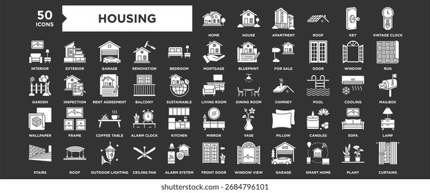 Symbolsammlung für Gehäuse. Enthaltend Design Haus, Haus, Gebäude, Architektur, Anwesen, Geschäft, Eigentum