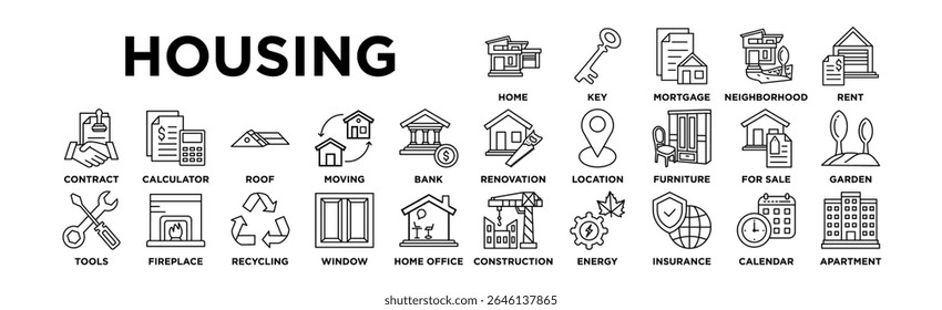Conjunto de ícones HOUSING. Coleção Editável De Ícones De Traçado. Casa, Chave, Hipoteca, Bairro, Alugar, Renovação, Localização, Mobiliário, Para Venda, Jardim, Contrato, Calculadora, Telhado, Movendo, Banco, Construção,