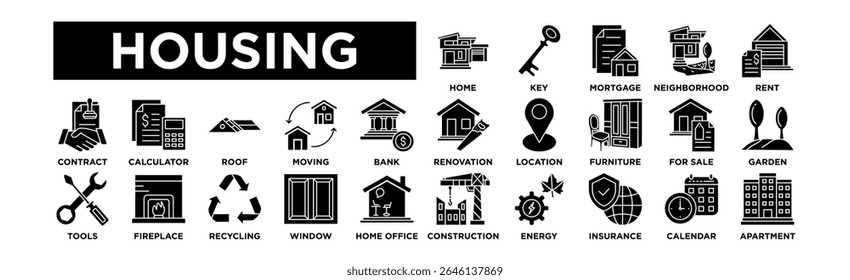 Conjunto de ícones HOUSING. Coleção Editável De Ícones De Traçado. Casa, Chave, Hipoteca, Bairro, Alugar, Renovação, Localização, Mobiliário, Para Venda, Jardim, Contrato, Calculadora, Telhado, Movendo, Banco, Construção,