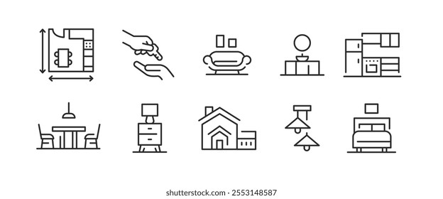 Housing icons. Set of 10 trendy minimal icons related to property and housing. Features house, handshake, sold sign, contract, moving truck, and pet-friendly icon. Vector illustration 