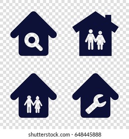 Housing icons set. set of 4 housing filled icons such as home repair, home search, family home