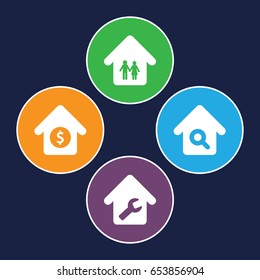 Housing icons set. set of 4 housing filled icons such as home repair, home search, house sale