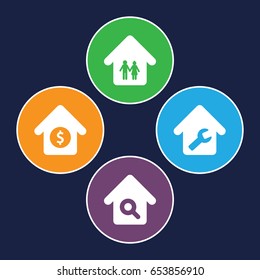 Housing icons set. set of 4 housing filled icons such as home repair, home search, house sale
