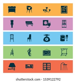 Housing Icons Set With Circular Staircase, Clothing Rack, Drawing Easel And Other Bidet
Elements. Isolated Vector Illustration Housing Icons.