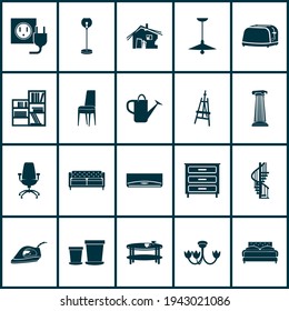 Iconos de la vivienda con cama doble, lámpara de techo, vestidor y otros elementos del aparato. Iconos aislados de la carcasa de la ilustración vectorial.