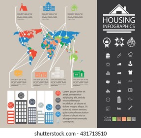 Housing Infographics. Data reporting on buildings and homes. Urban housing information. Charts, diagrams and additional set of icons. Ready material for the presentation.