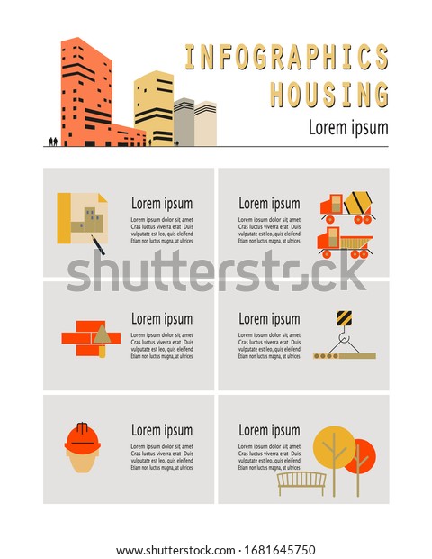 Housing infographics template with  construction icons\
and your text. Construction, project, drawing, concrete mixer car,\
brickwork, installation, land improvement, worker\'s protective\
helmet. Vector 