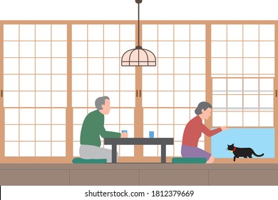 Housing. Japanese-style room with shoji screen and senior couple with cat doorway. Interior