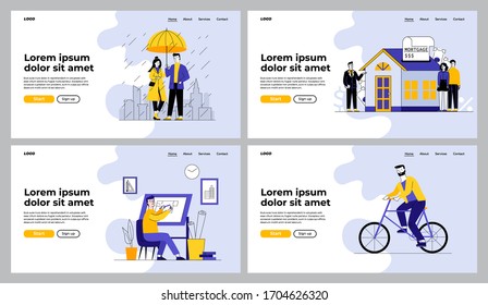 Housing and leisure set. Architect drawing plan, agent selling house, couple walking in city. Flat vector illustrations. Real estate business concept for banner, website design or landing web page