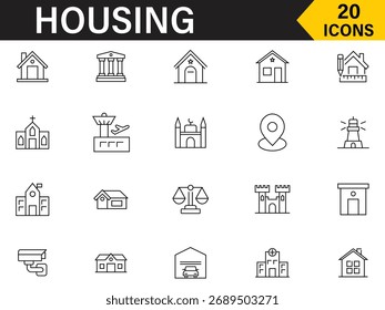 Conjunto de iconos editable de línea de alojamiento. Incluye iconos como seguro, ubicación, hipoteca, para la venta, vivienda, casa, bienes raíces, hogar, oficina, banco, escuela, hotel y más. Ilustración vectorial.