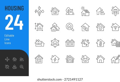 
Housing Line Editable Icons set. Vector illustration in modern thin style of real estate related icons: types of houses, qualities and features of housing, amenities, and more. Isolated on transparent background.
