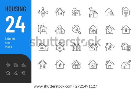 
Housing Line Editable Icons set. Vector illustration in modern thin style of real estate related icons: types of houses, qualities and features of housing, amenities, and more. Isolated on transparent background.
