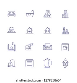 Housing line icon set. Bedroom, building, kettle. Construction concept. Can be used for topics like real estate development, apartment, rent, residential property