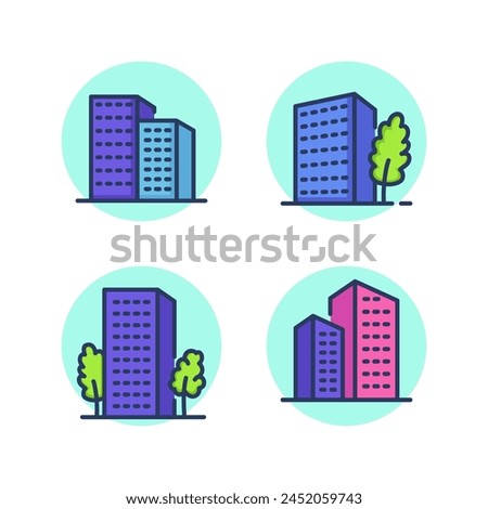 Housing line icon set. Dormitory area, residential apartment, high-rise, multi-story. Disctrict, building concept. Vector illustration for web design and app