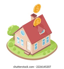 Cálculo de préstamos de vivienda monedas de ahorro simple casa sueño isométrico cálido ilustración general de casa aislado de fondo blanco