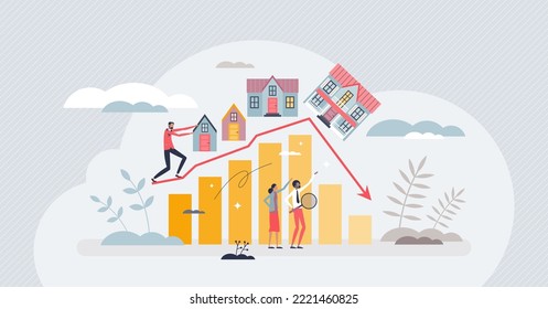 Housing market crash with price drop and decline in home sales tiny person concept. Real estate property purchase recession and value collapse vector illustration. Economy recession and drop forecast.