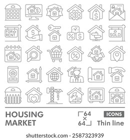 Housing market symbols collection or sketches. real estate theme icons in thin line style signs for web and app. Vector graphics isolated on white background