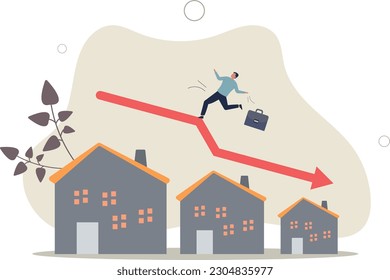Disminución del precio de la vivienda, caída de los bienes inmuebles y la propiedad, caída o disminución del valor, concepto de riesgo hipotecario o préstamo de viviendas. Ilustración vectorial plana.