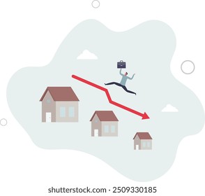 Wohnungspreis sinkt, Immobilien-und Immobilien-Crash, Wertverlust oder Rückgang, Wohnungsbaudarlehen oder Hypothekenrisiko-Konzept.flachen Design mit Menschen.
